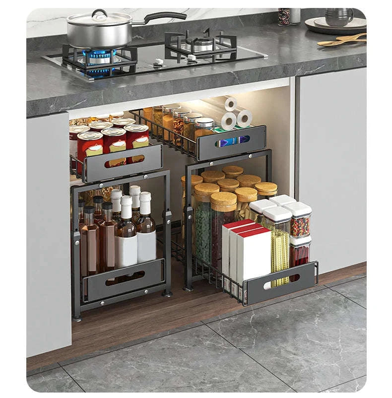 Adjustable Pull-Out Under Sink Organizer Double Layer Steel Rack-2pcs / france