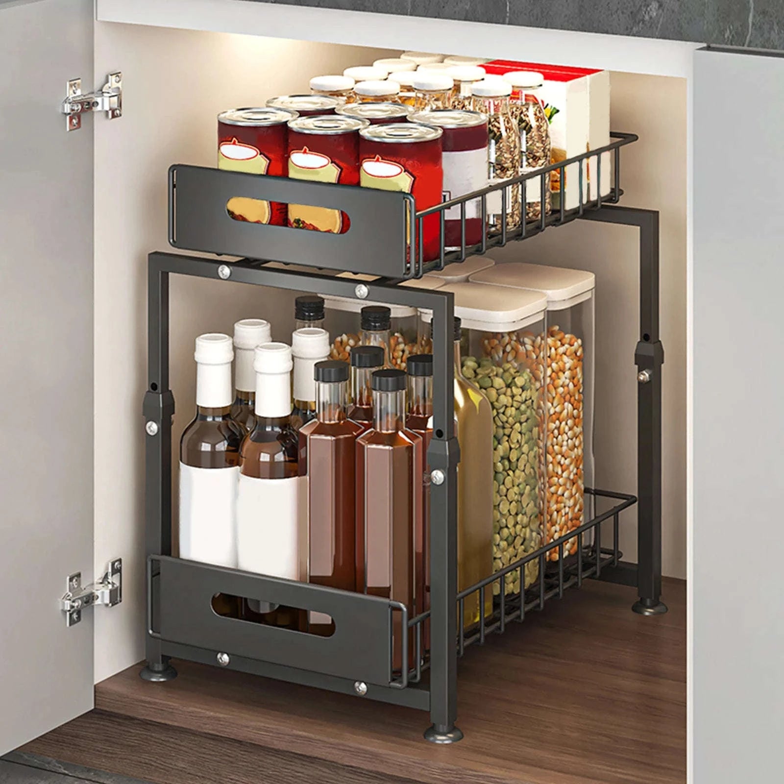 Adjustable Pull-Out Under Sink Organizer Double Layer Steel Rack-2pcs / france