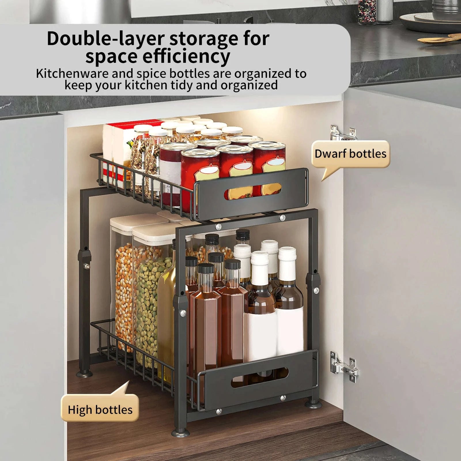 Adjustable Pull-Out Under Sink Organizer Double Layer Steel Rack-2pcs / france