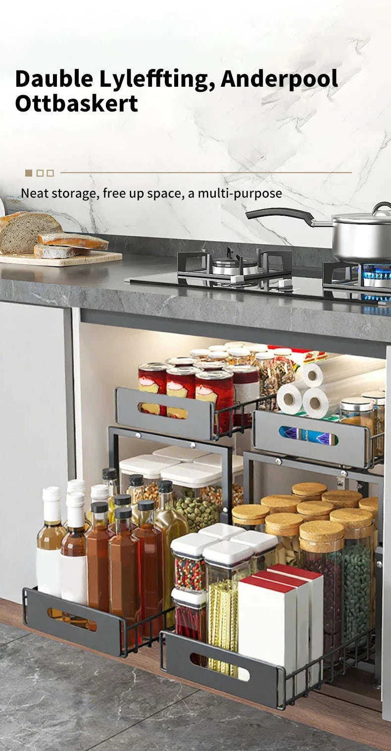 Adjustable Pull-Out Under Sink Organizer Double Layer Steel Rack-2pcs / france