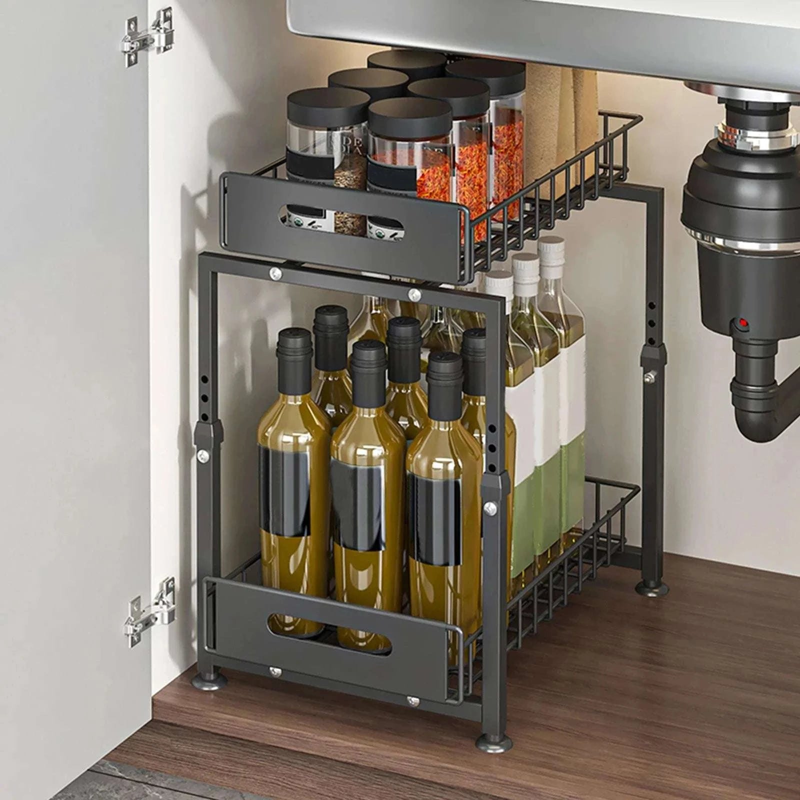 Adjustable Pull-Out Under Sink Organizer Double Layer Steel Rack-
