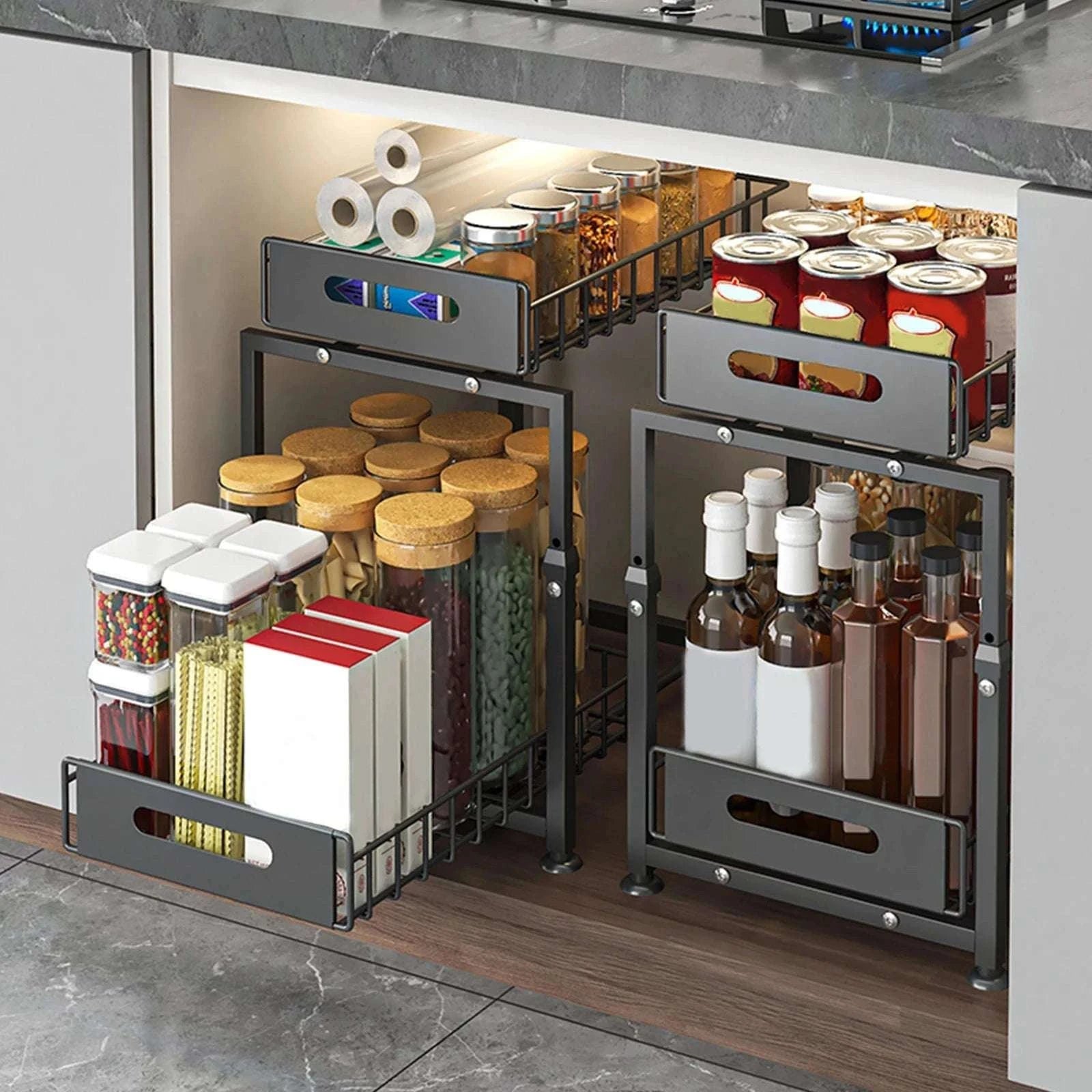 Adjustable Pull-Out Under Sink Organizer Double Layer Steel Rack-