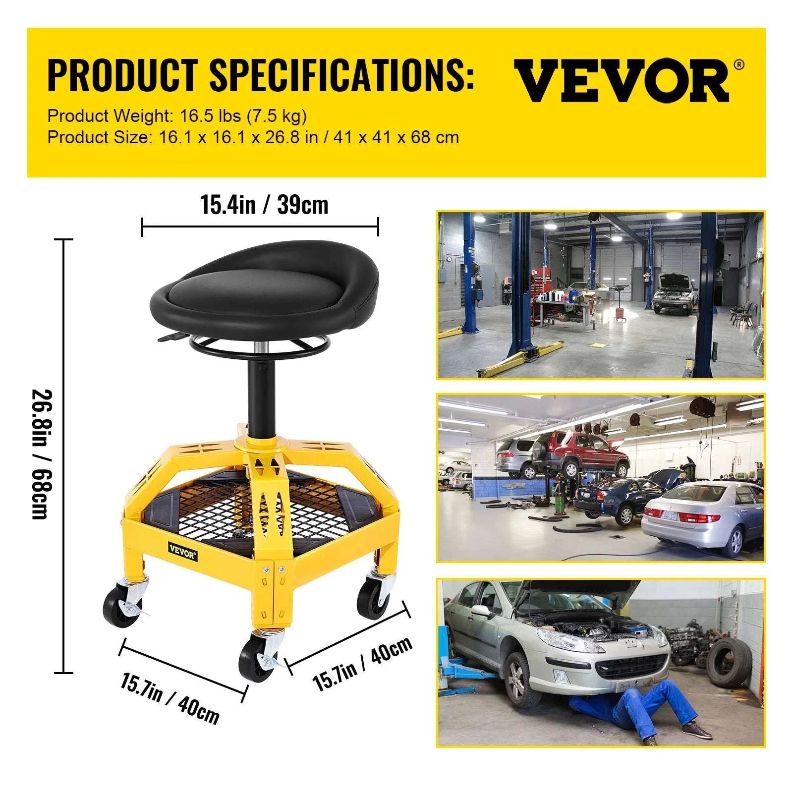 Adjustable Rolling Garage Stool with Tool Tray and Locking Wheels-B 300lb Hollow Seat / United States