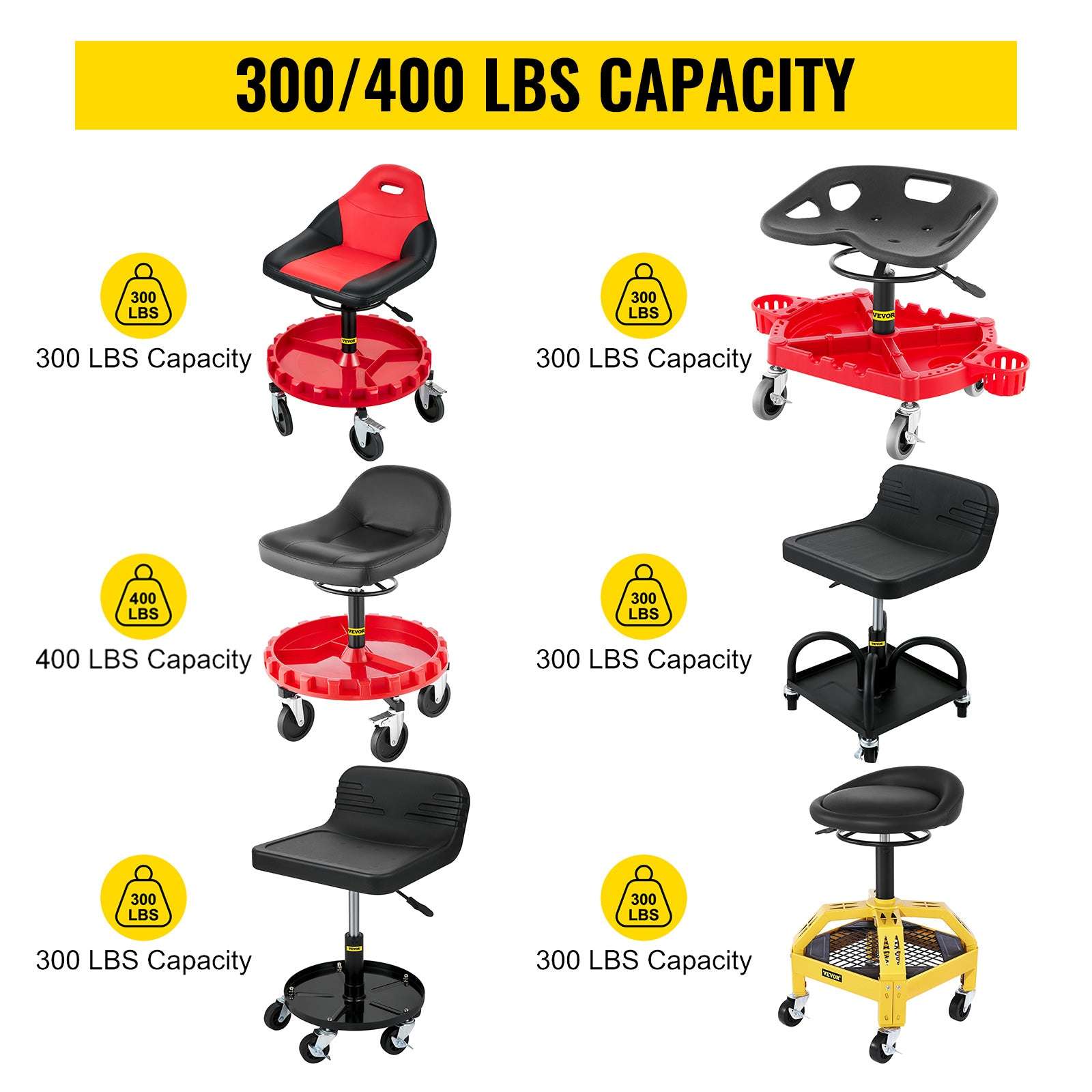 Adjustable Rolling Garage Stool with Tool Tray and Locking Wheels-B 300lb Hollow Seat / United States