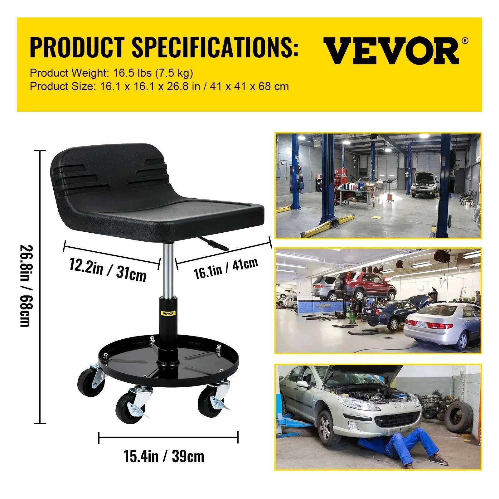 Adjustable Rolling Garage Stool with Tool Tray and Locking Wheels-B 300lb Hollow Seat / United States