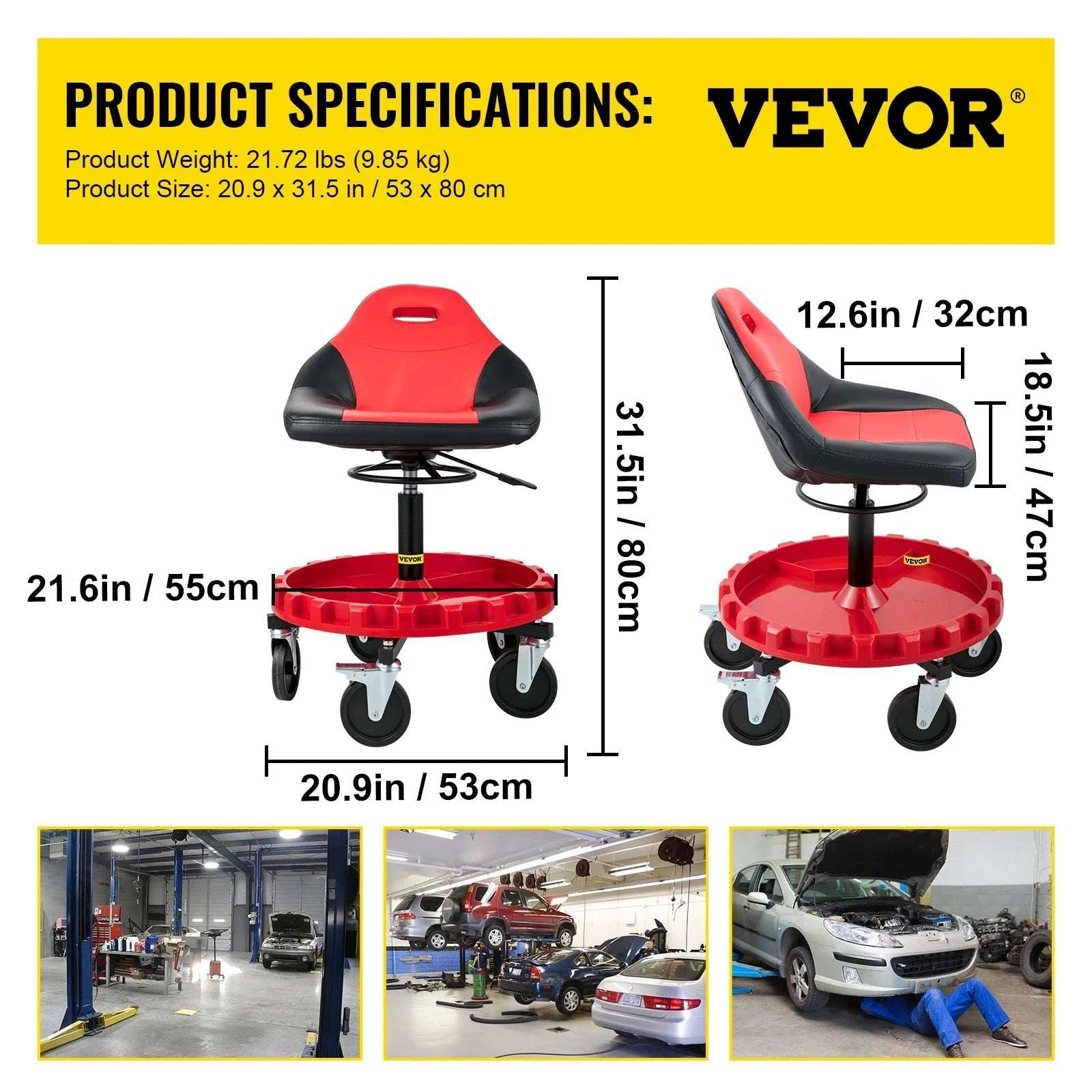 Adjustable Rolling Garage Stool with Tool Tray and Locking Wheels-B 300lb Hollow Seat / United States