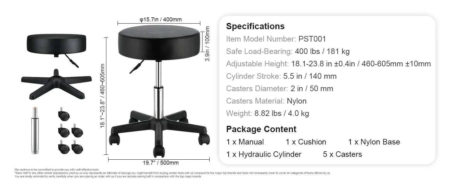 Adjustable Rolling Stool with Wheels 360° Swivel Salon Chair-United States