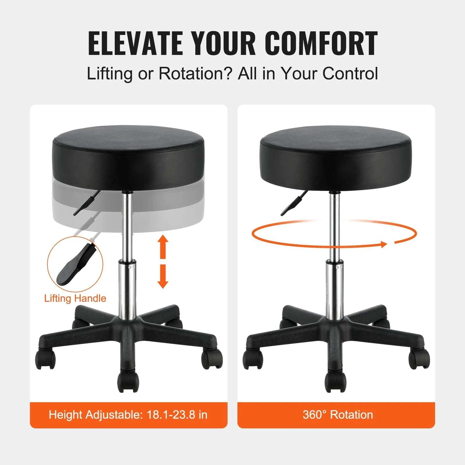 Adjustable Rolling Stool with Wheels 360° Swivel Salon Chair-United States
