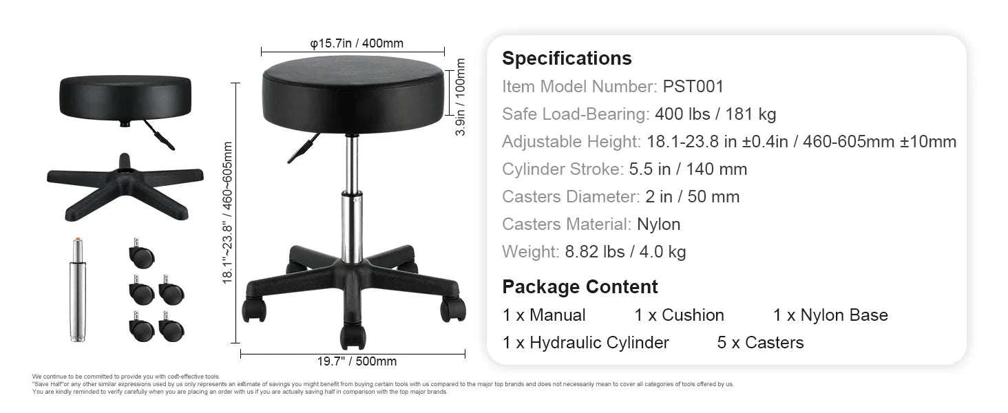 Adjustable Rolling Stool with Wheels 360° Swivel Salon Chair-United States