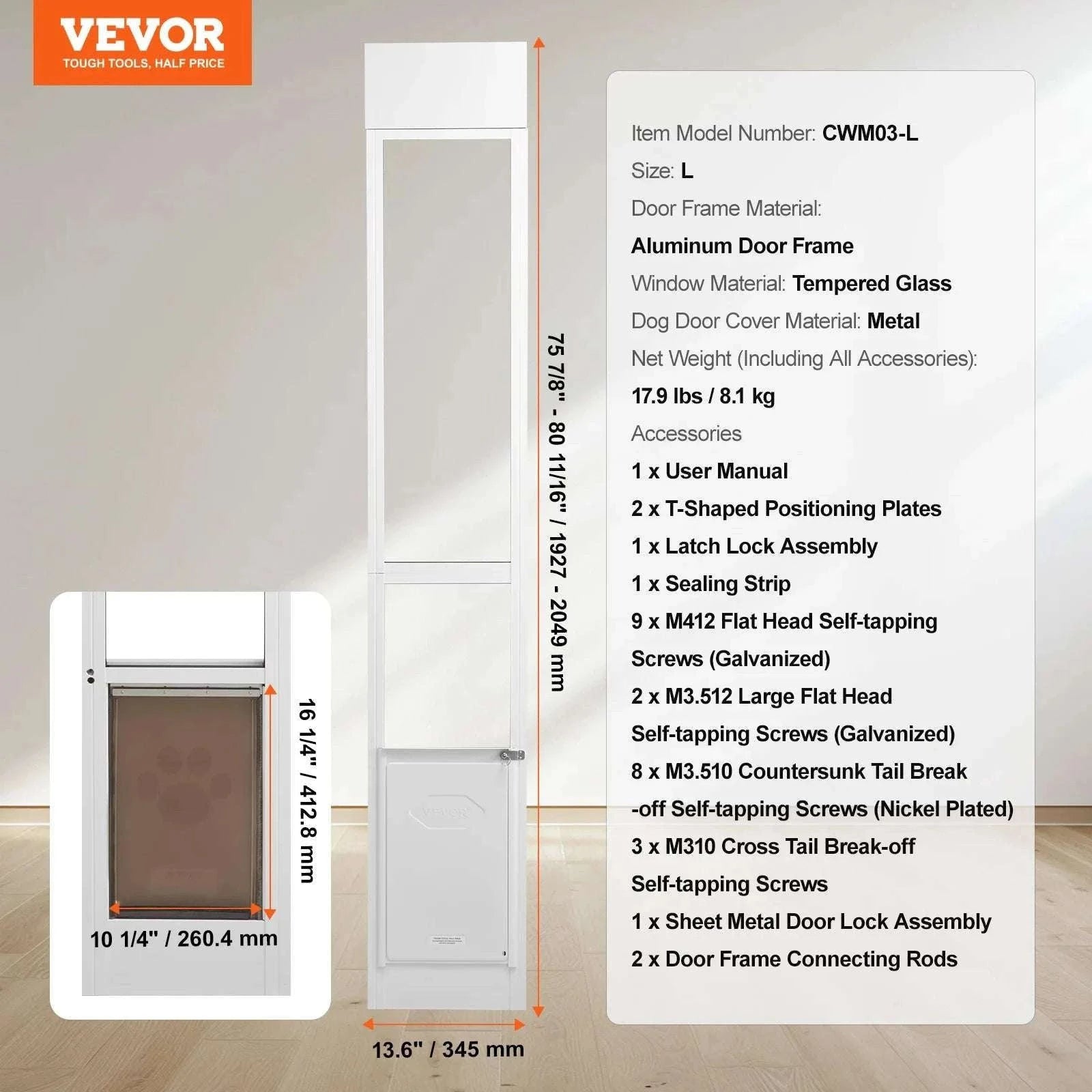 Adjustable Sliding Glass Dog Door with Lock & Tempered Glass Panel-M Size / france