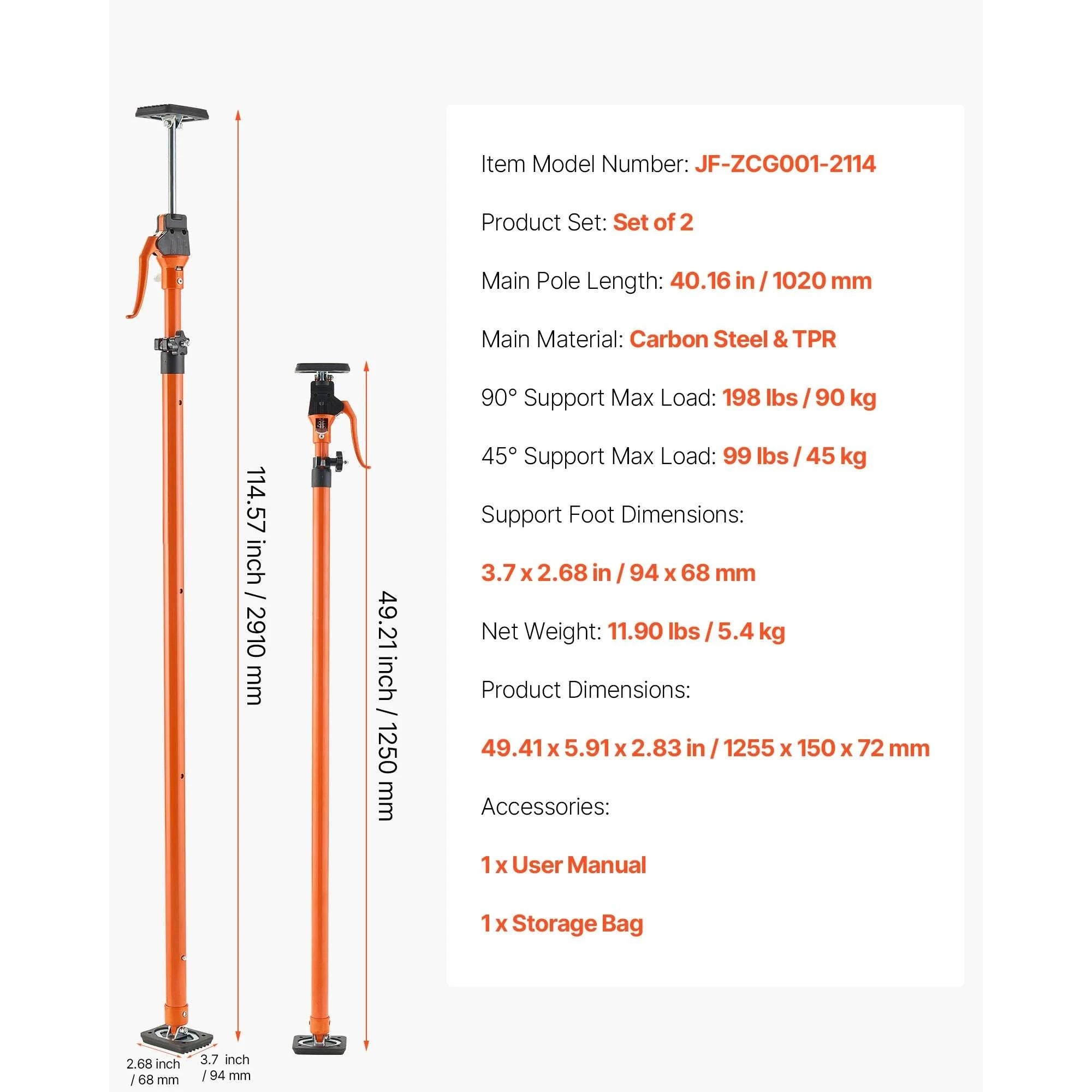 Adjustable Support Pole Jack 49–114in for Drywall & Cabinet Lifting-2pcs / United States