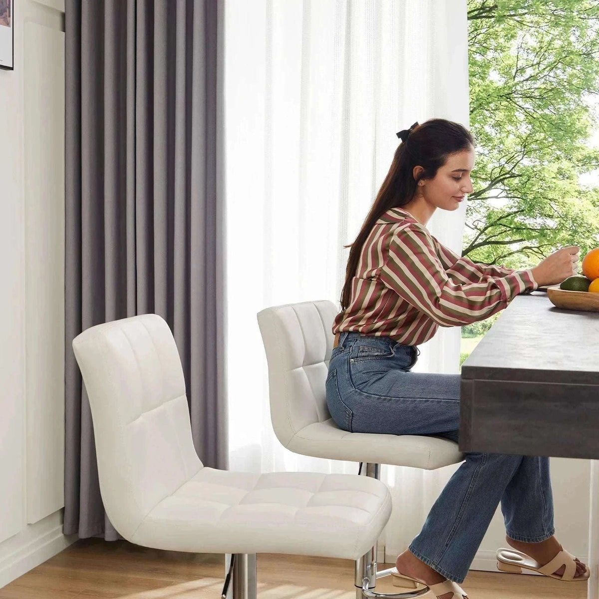 Adjustable Swivel Bar Stool Chair with Backrest Cushion-WHITE / United States