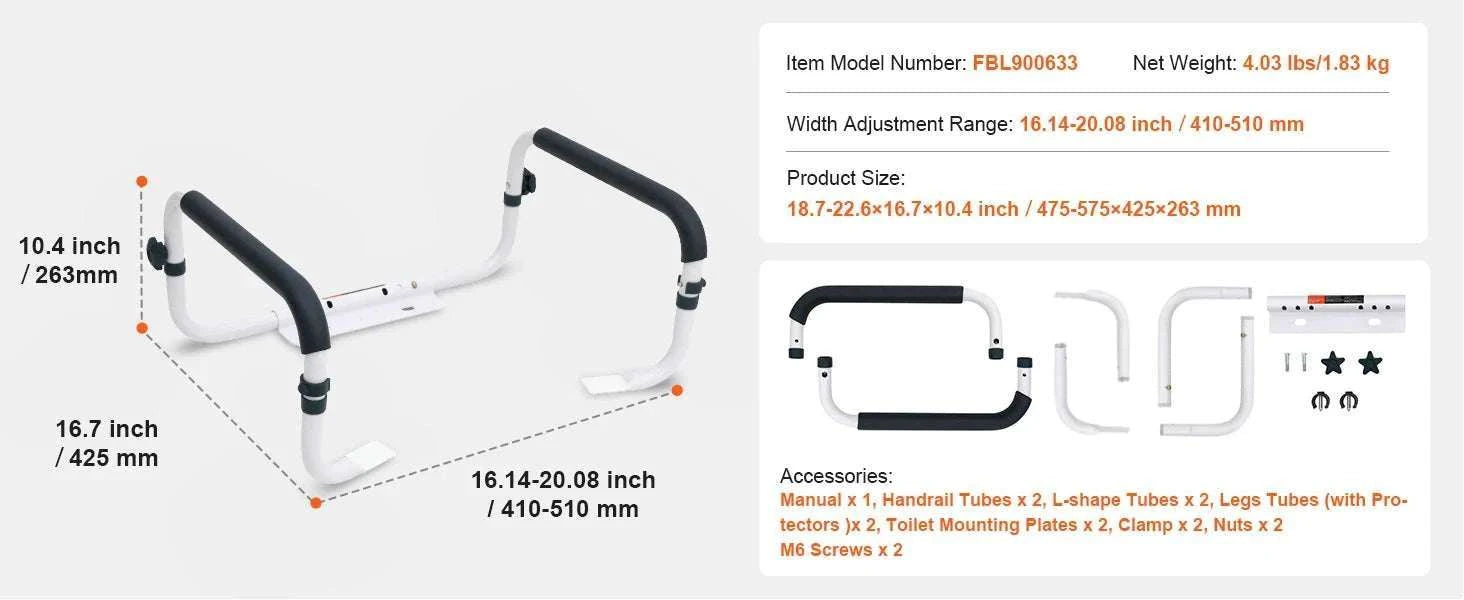Adjustable Toilet Safety Rail 300 lb Capacity Steel Grab Bars-300lbs / United States