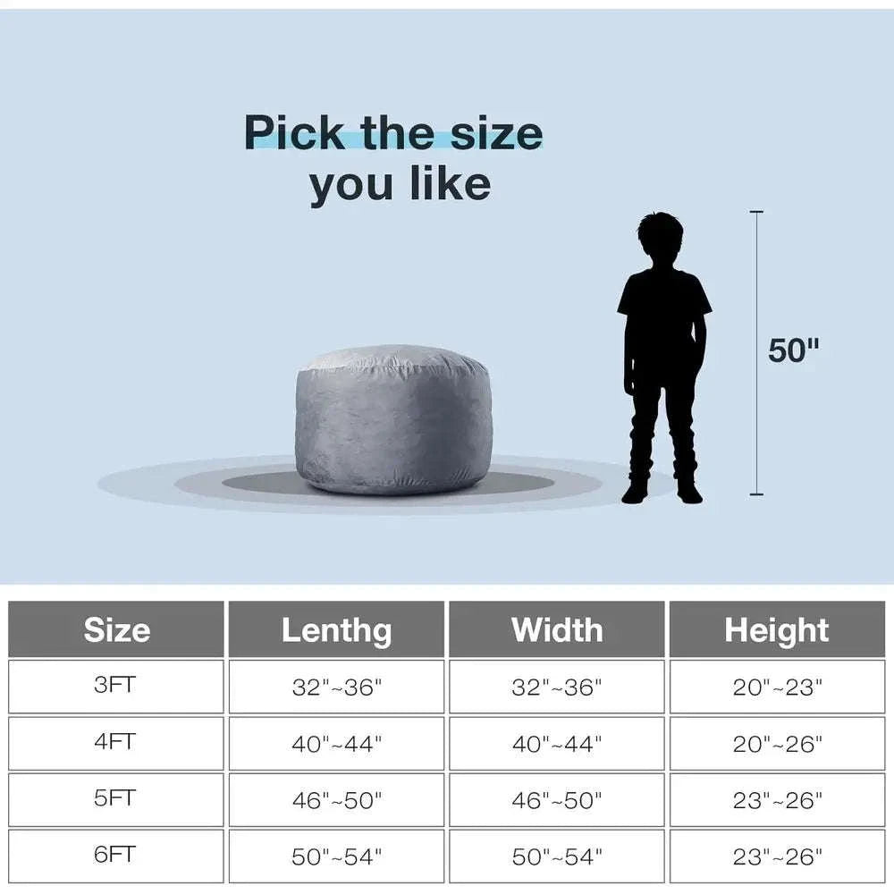 Adult-Sized 3-Foot Memory Foam Bean Bag Chair in Grey Velvet with Pull Handle and Side Pockets-United States