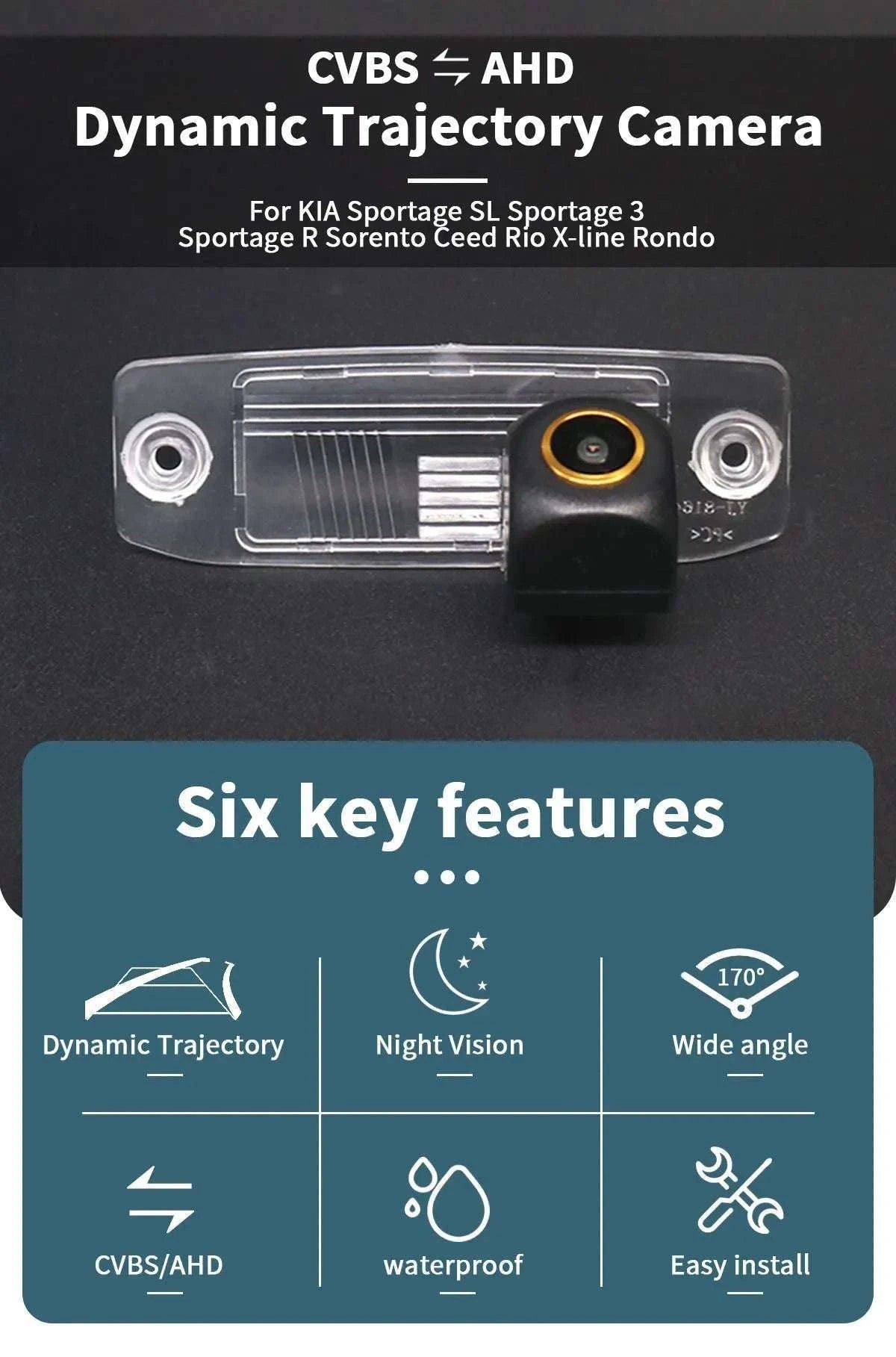 AHD Reverse Camera with Dynamic Trajectory for Kia Models-CVBS-AHD / 12 V