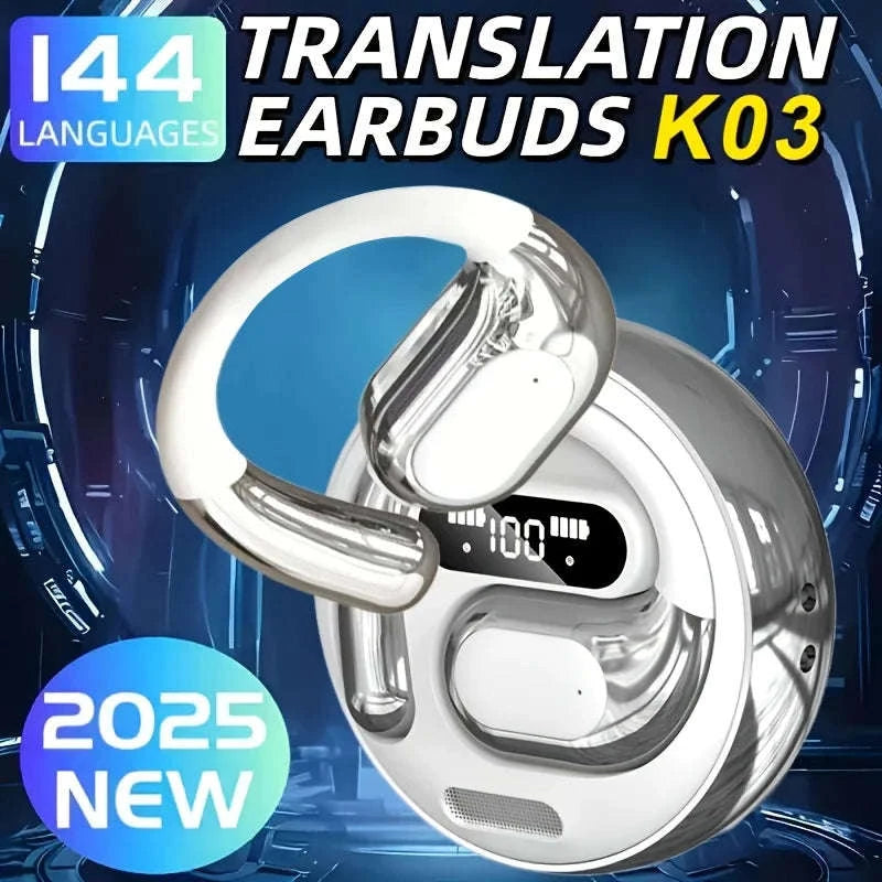 AI Real-Time Translation Earbuds with 100+ Languages & LED Display-White Silver / United States