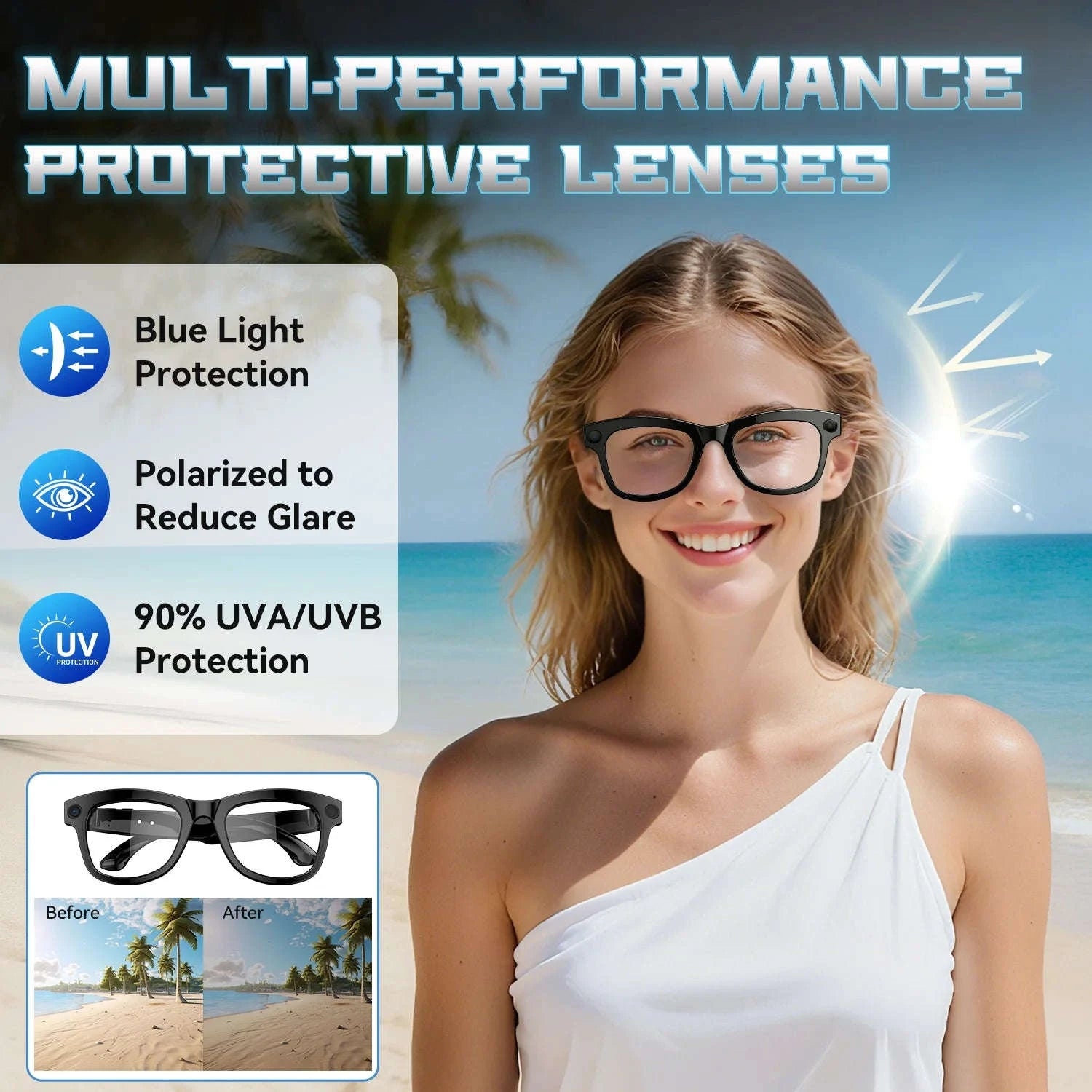 AI Smart Glasses with 8MP Camera, Translator & Open-Ear Audio-Black / United States