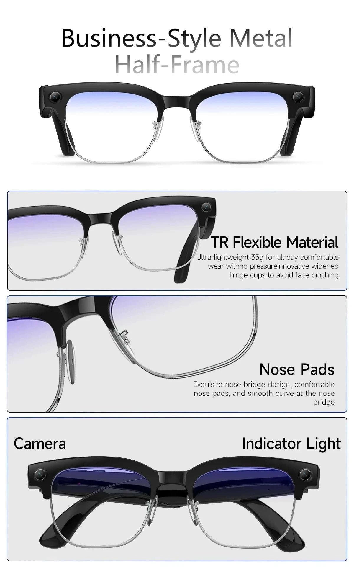 AI Smart Glasses with Camera, Calls, Translation & Audio-Change color