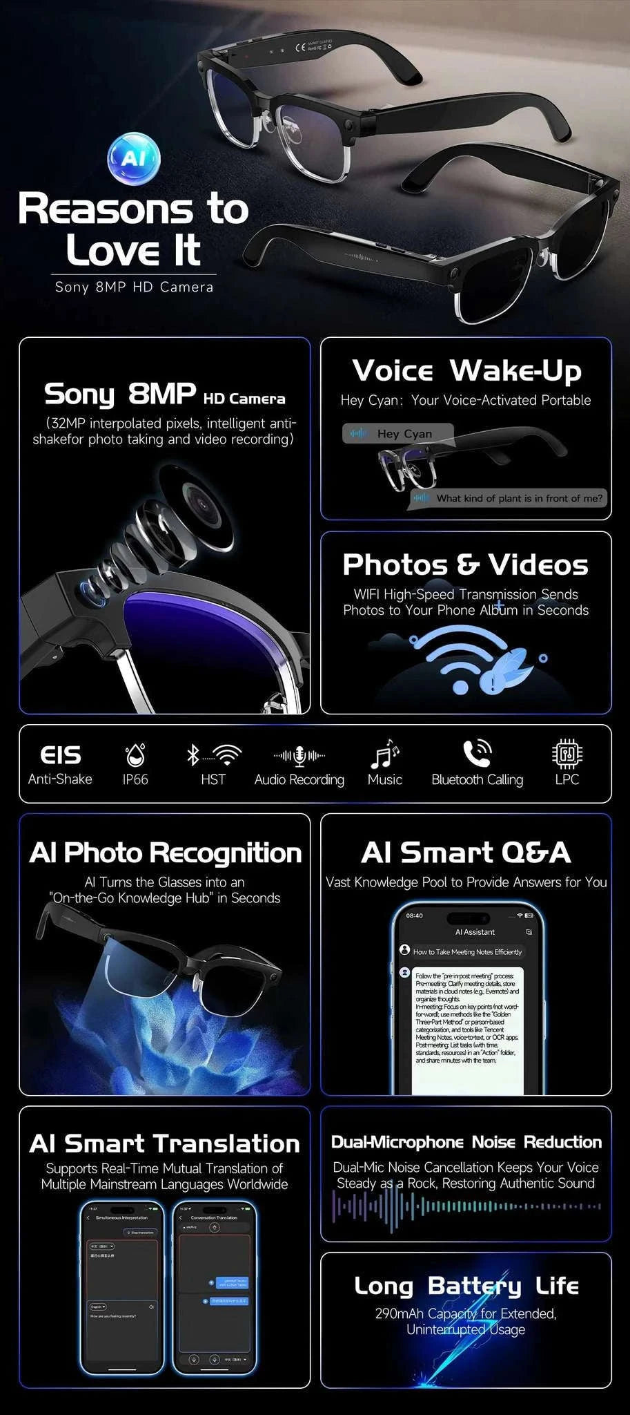 AI Smart Glasses with Camera, Calls, Translation & Audio-Change color