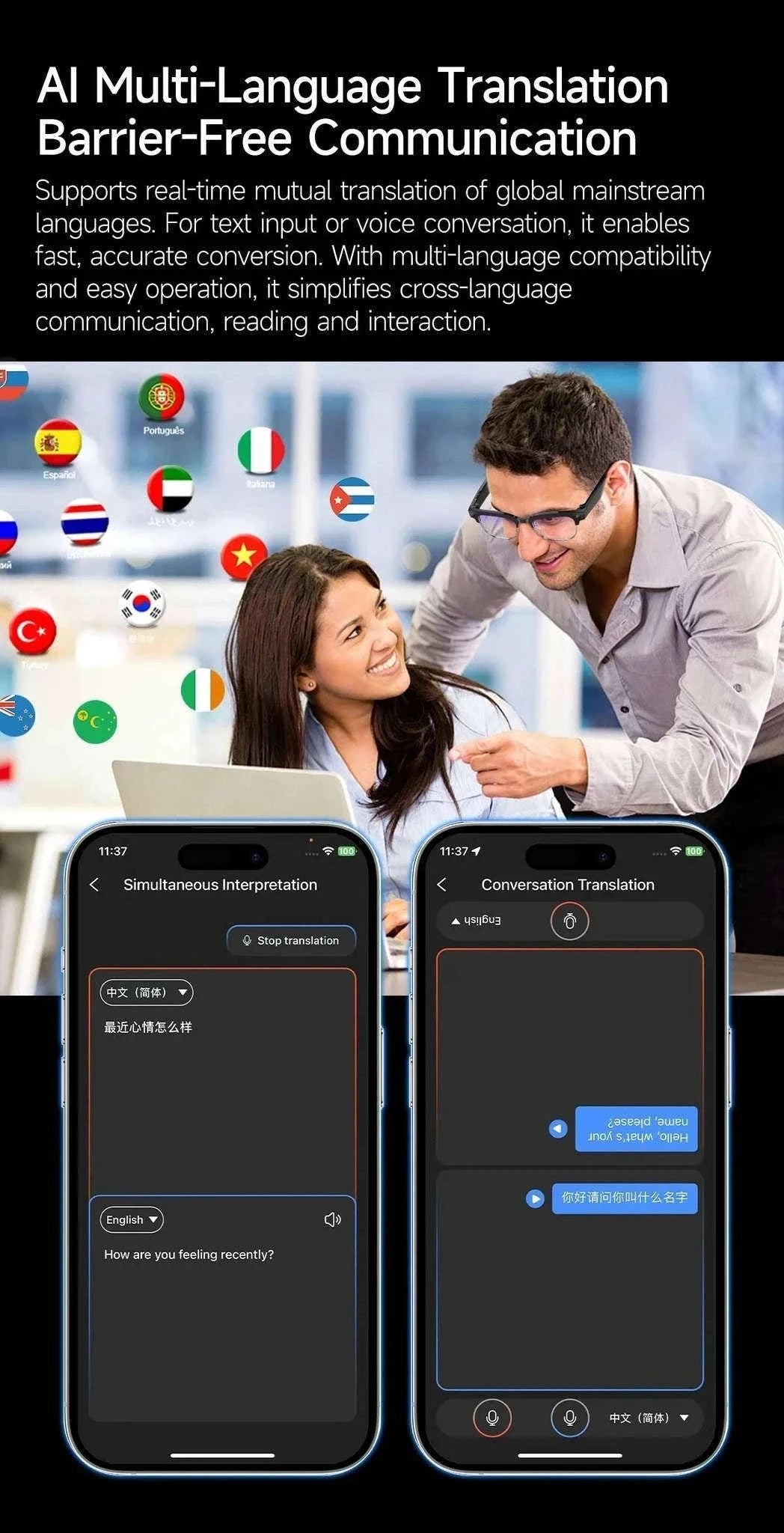 AI Smart Glasses with Camera, Calls, Translation & Audio-Change color