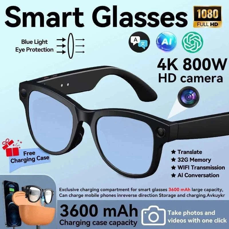 AI Smart Glasses with Camera, Translation & Bluetooth Audio-Black Color change A / CN