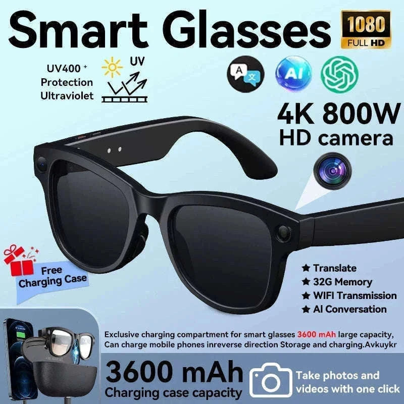 AI Smart Glasses with Camera, Translation & Bluetooth Audio-Black Color change A / CN
