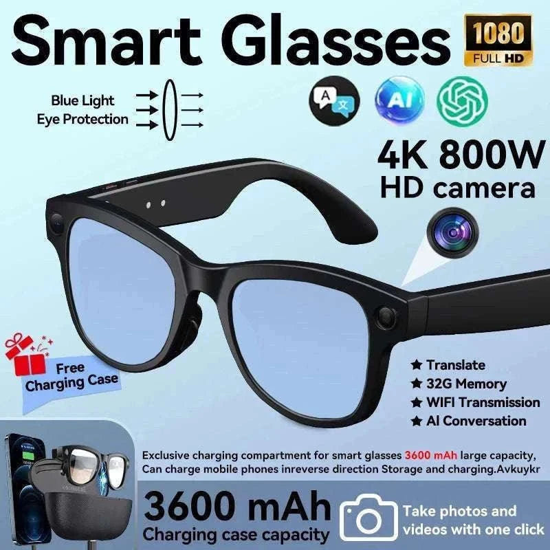 AI Smart Glasses with Camera, Translation & Bluetooth Audio-Black Color change A / CN