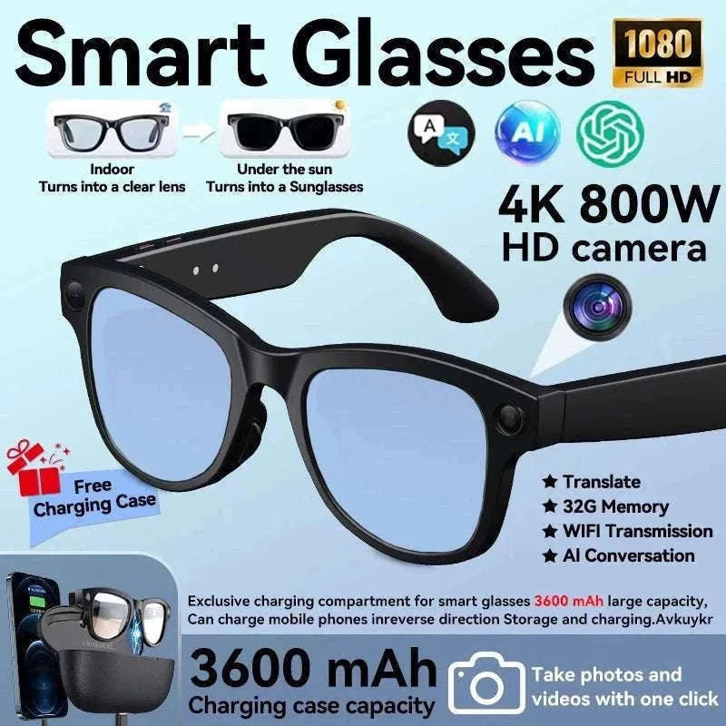 AI Smart Glasses with Camera, Translation & Bluetooth Audio-Black Color change A / CN