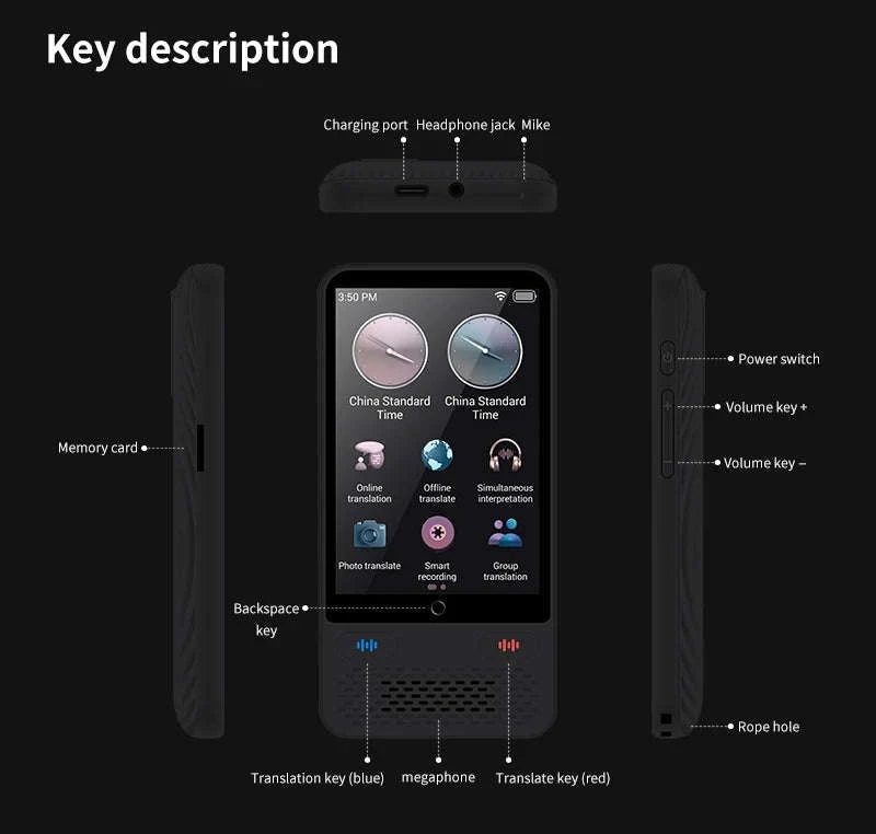 AI Voice Translator Device with Real-Time Two-Way Language Translation-Black / China Mainland