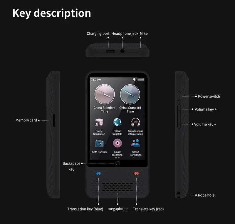 AI Voice Translator Device with Real-Time Two-Way Language Translation-Black / China Mainland