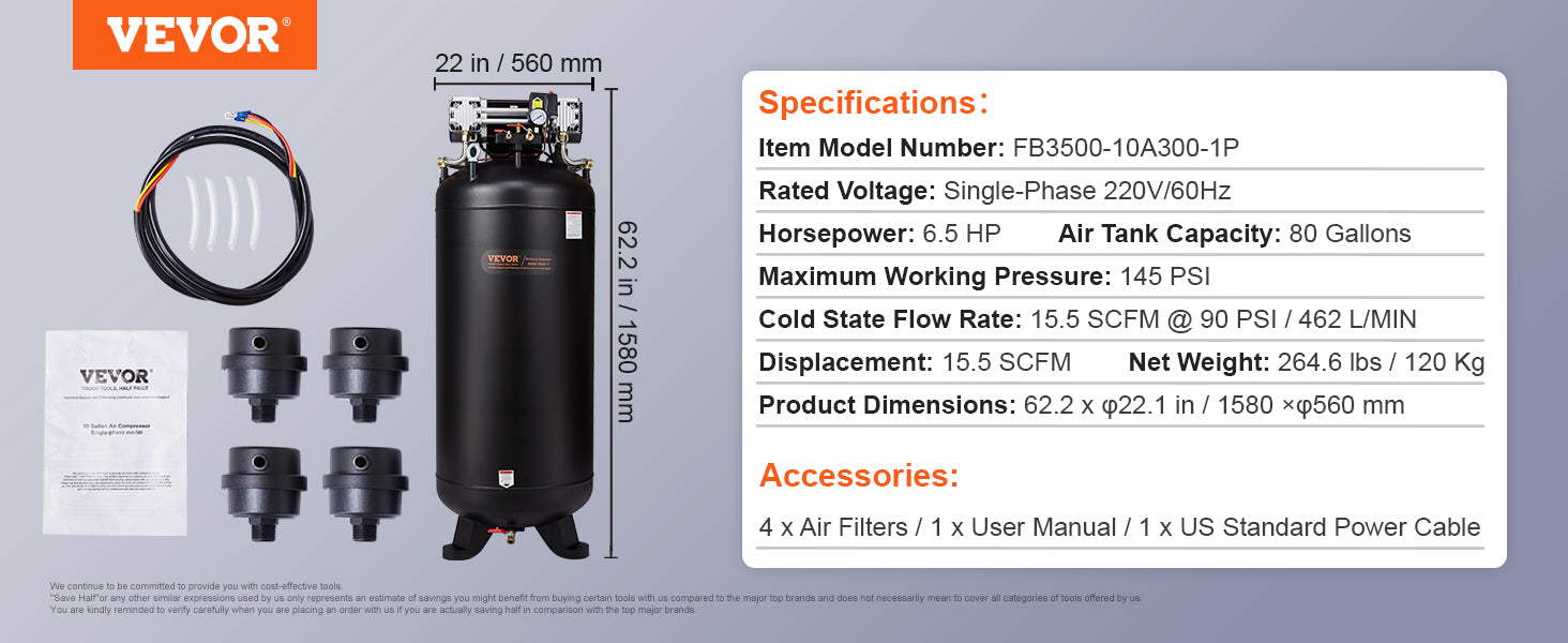 SucceBuy 80 gallon luftkompressor 6,5 HP 145 psi oljefri luftkompressor Ultra tyst kompressor för industriella arbetsplatser Autoreparation