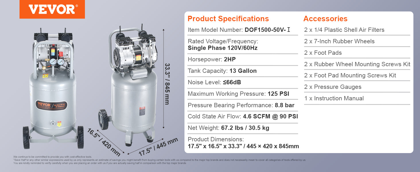 Bezolejový vzduchový kompresor 13 galonů, 2 HP, 125 PSI pro použití v garáži