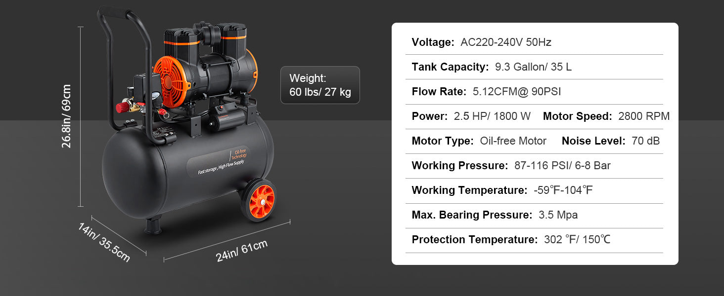 Silent Oil-Free Air Compressor for Tire Inflation & Tools 900W–1800W