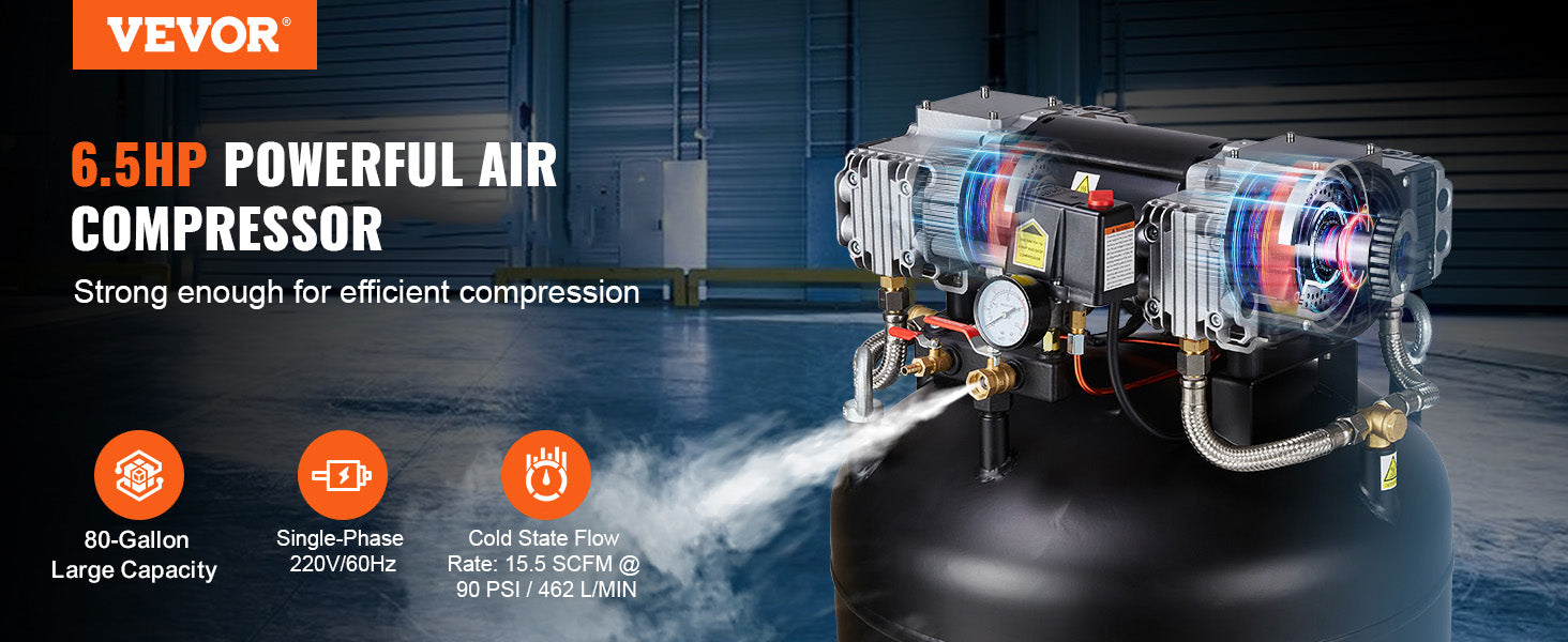 SucceBuy 80 gallon luftkompressor 6,5 HP 145 psi oljefri luftkompressor Ultra tyst kompressor för industriella arbetsplatser Autoreparation