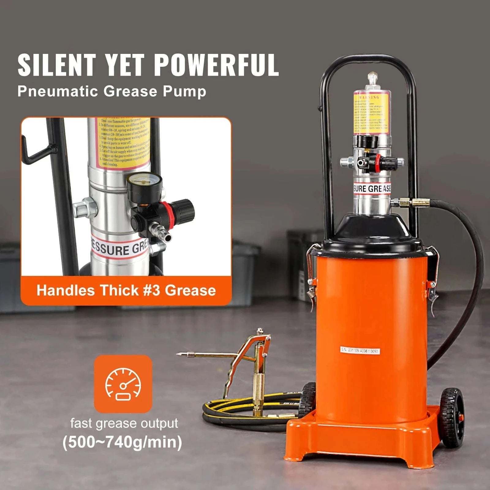 Air Operated Grease Pump with Hose and Wheels, 50:1 Ratio-3 Gal / Germany