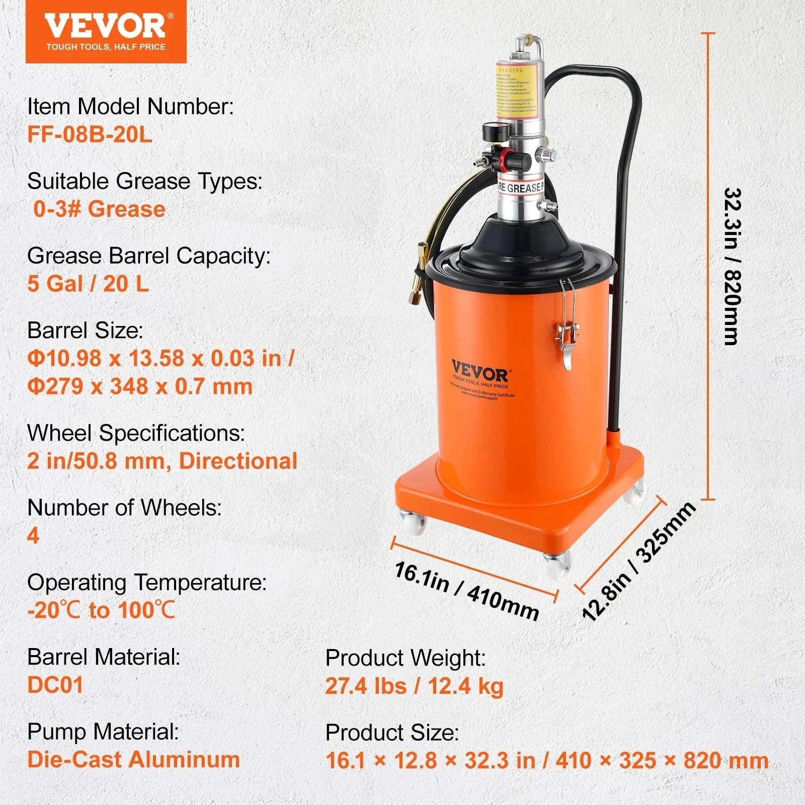 Air Operated Grease Pump with Hose and Wheels, 50:1 Ratio-3 Gal / Germany