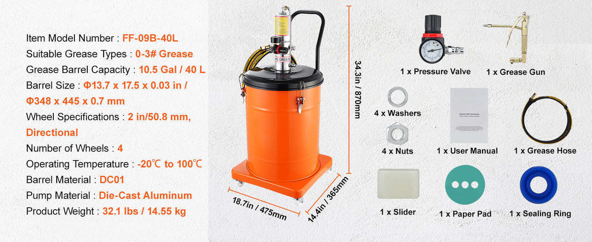 Air Operated Grease Pump with Hose and Wheels, 50:1 Ratio-3 Gal / Germany