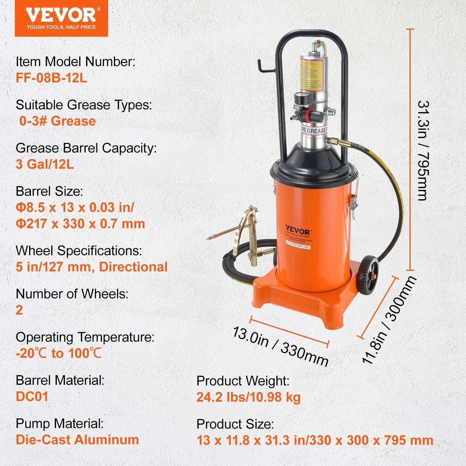 Air Operated Grease Pump with Hose and Wheels, 50:1 Ratio-3 Gal / Germany