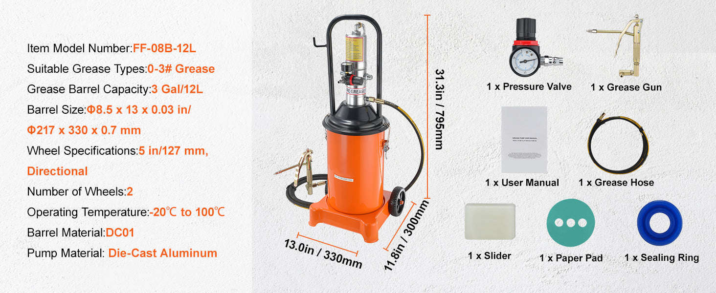 Air Operated Grease Pump with Hose and Wheels, 50:1 Ratio-3 Gal / Germany