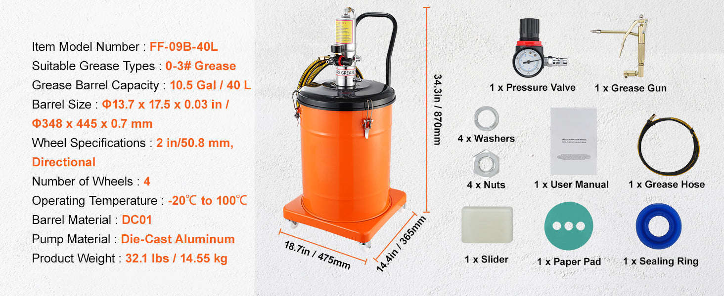 Air Operated Grease Pump with Hose and Wheels, 50:1 Ratio-3 Gal / Germany