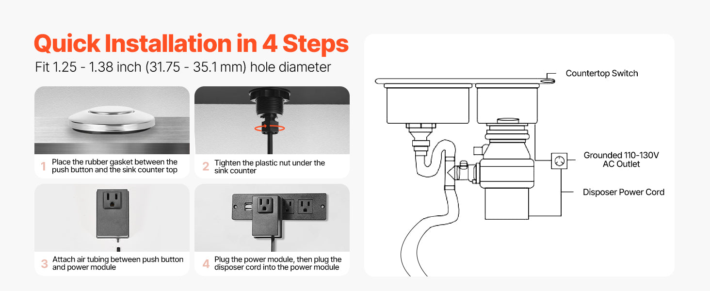 SucceBuy Garbage Disposal Air Switch Kit 2.5" Sink Top Air Switch for Waste Disposal Polished Stainless Steel ON/OFF Push Button