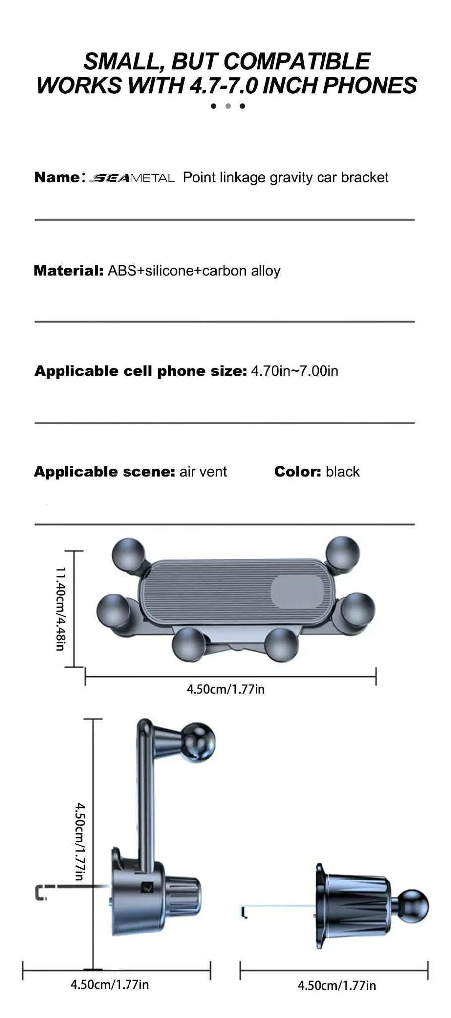 Air Vent Car Phone Holder for 4.7-7 Inch Smartphones-Short