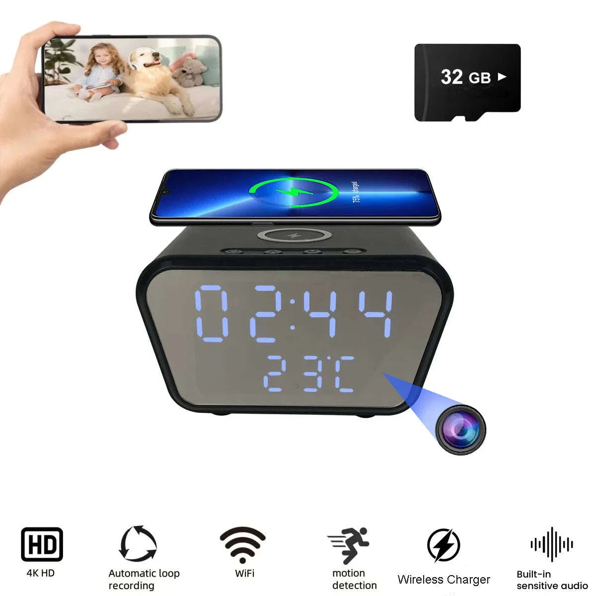 Alarm Clock Camera with Wireless Charging and 4K Mini Security Camera-With 128GB SD Card / China Mainland