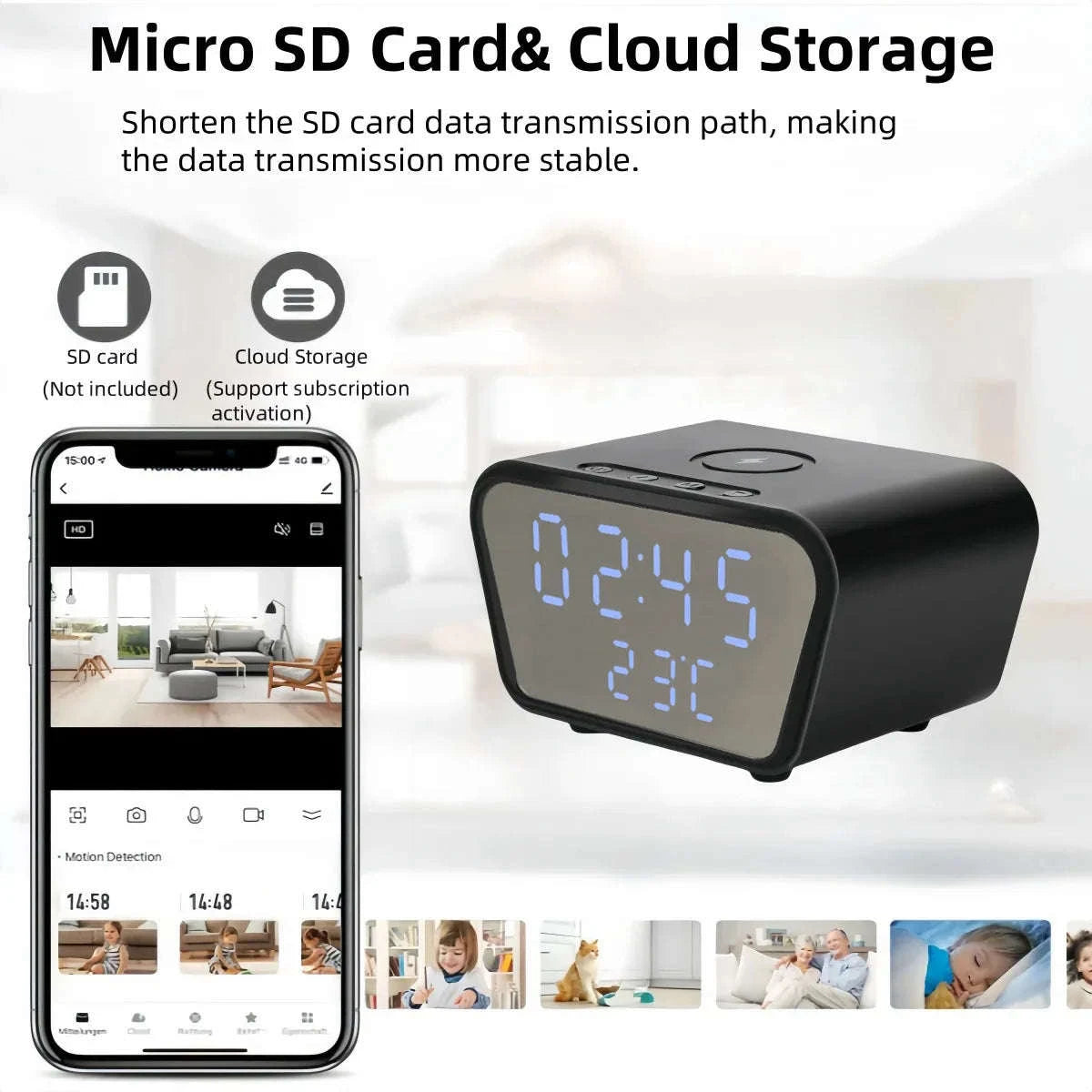 Alarm Clock Camera with Wireless Charging and 4K Mini Security Camera-With 128GB SD Card / China Mainland