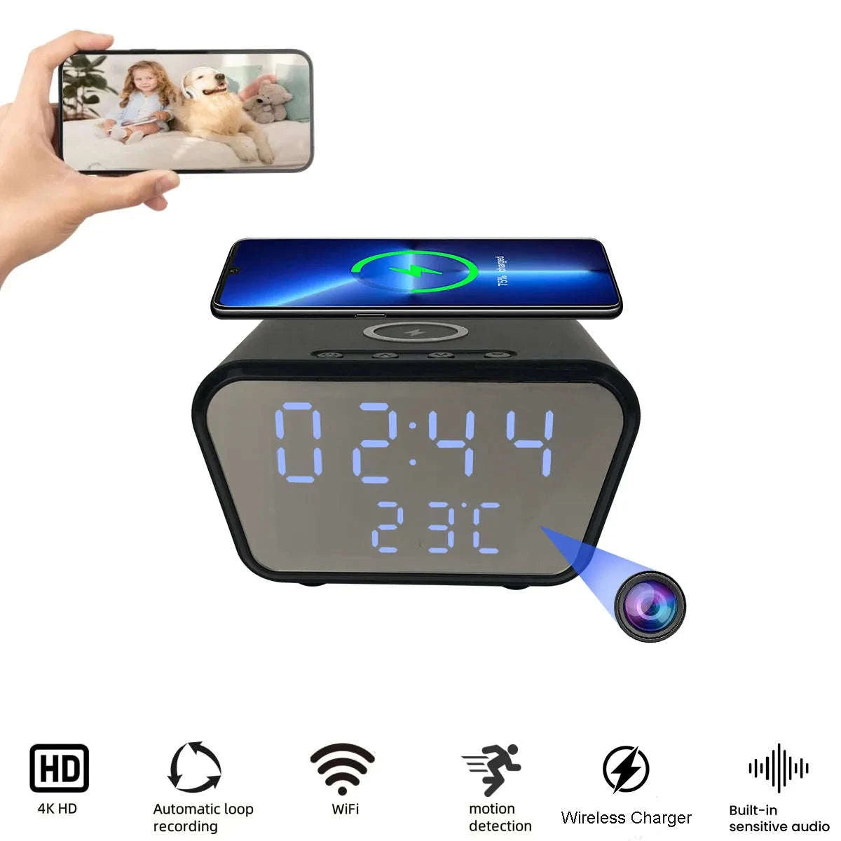 Alarm Clock Camera with Wireless Charging and 4K Mini Security Camera-With 128GB SD Card / China Mainland