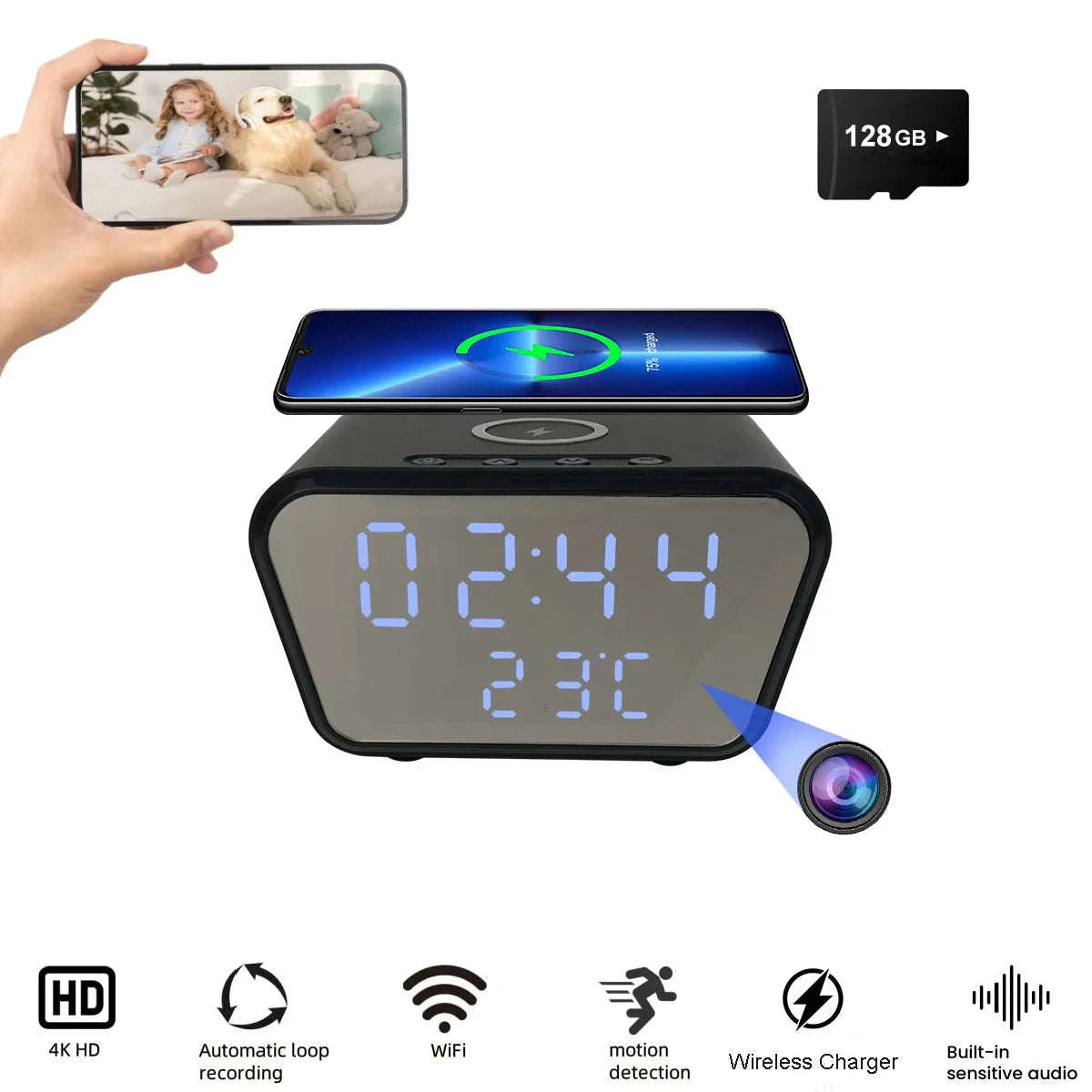 Alarm Clock Camera with Wireless Charging and 4K Mini Security Camera-With 128GB SD Card / China Mainland