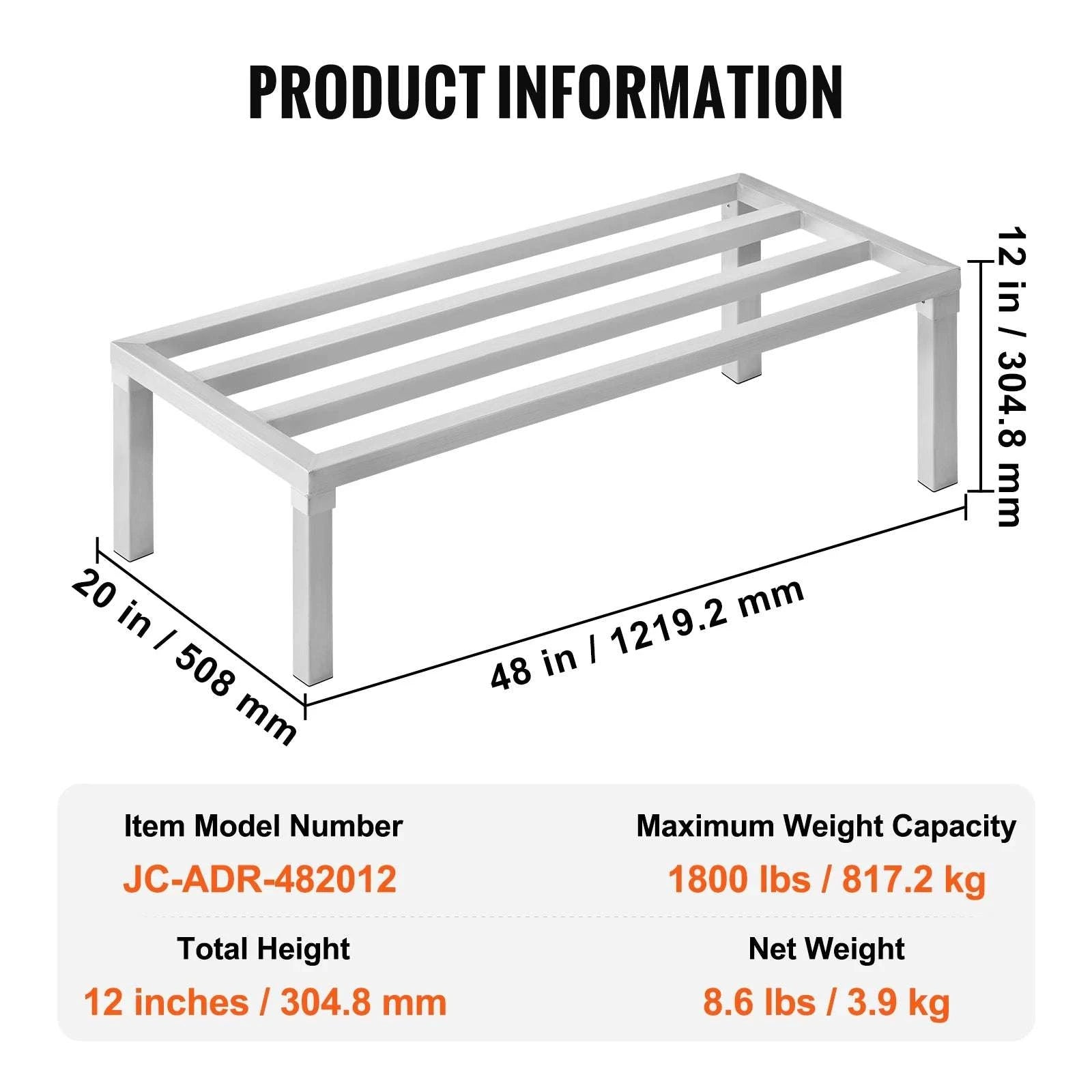 Aluminum Dunnage Rack 1800 lb Capacity 8" Floor Storage Shelf-48x20x8 in / United States