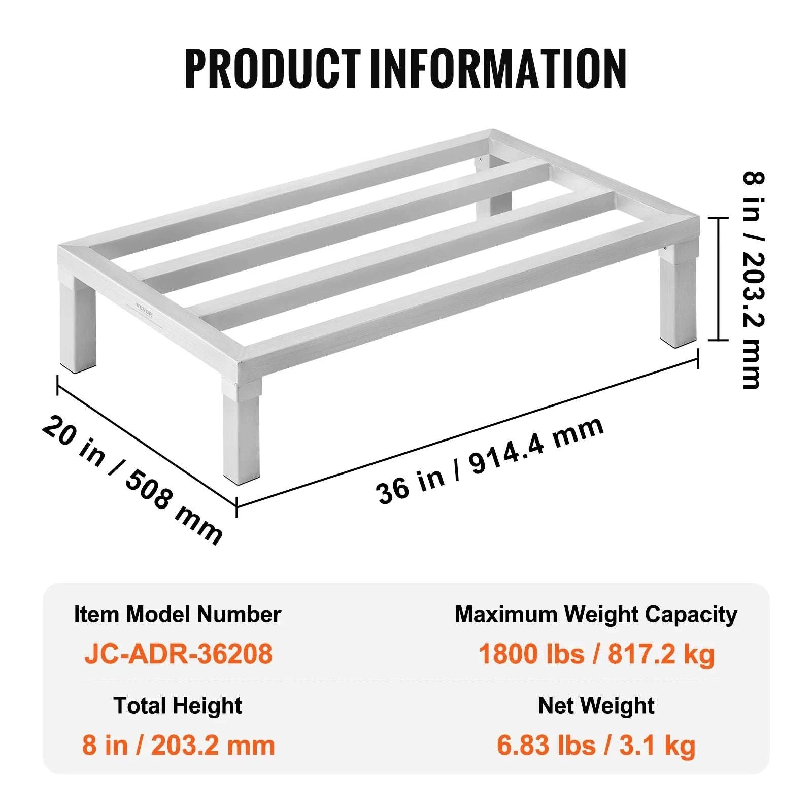Aluminum Dunnage Rack 1800 lb Capacity 8" Floor Storage Shelf-48x20x8 in / United States