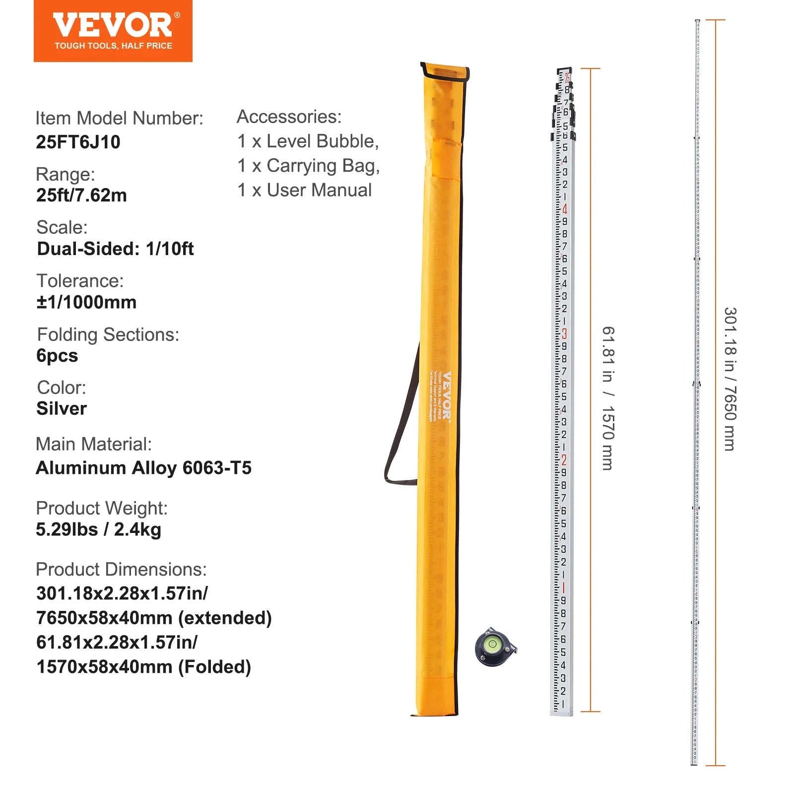 Aluminum Grade Rod Double-Sided Scale with Bubble Level and Carrying Bag-20ft 10ths / United States