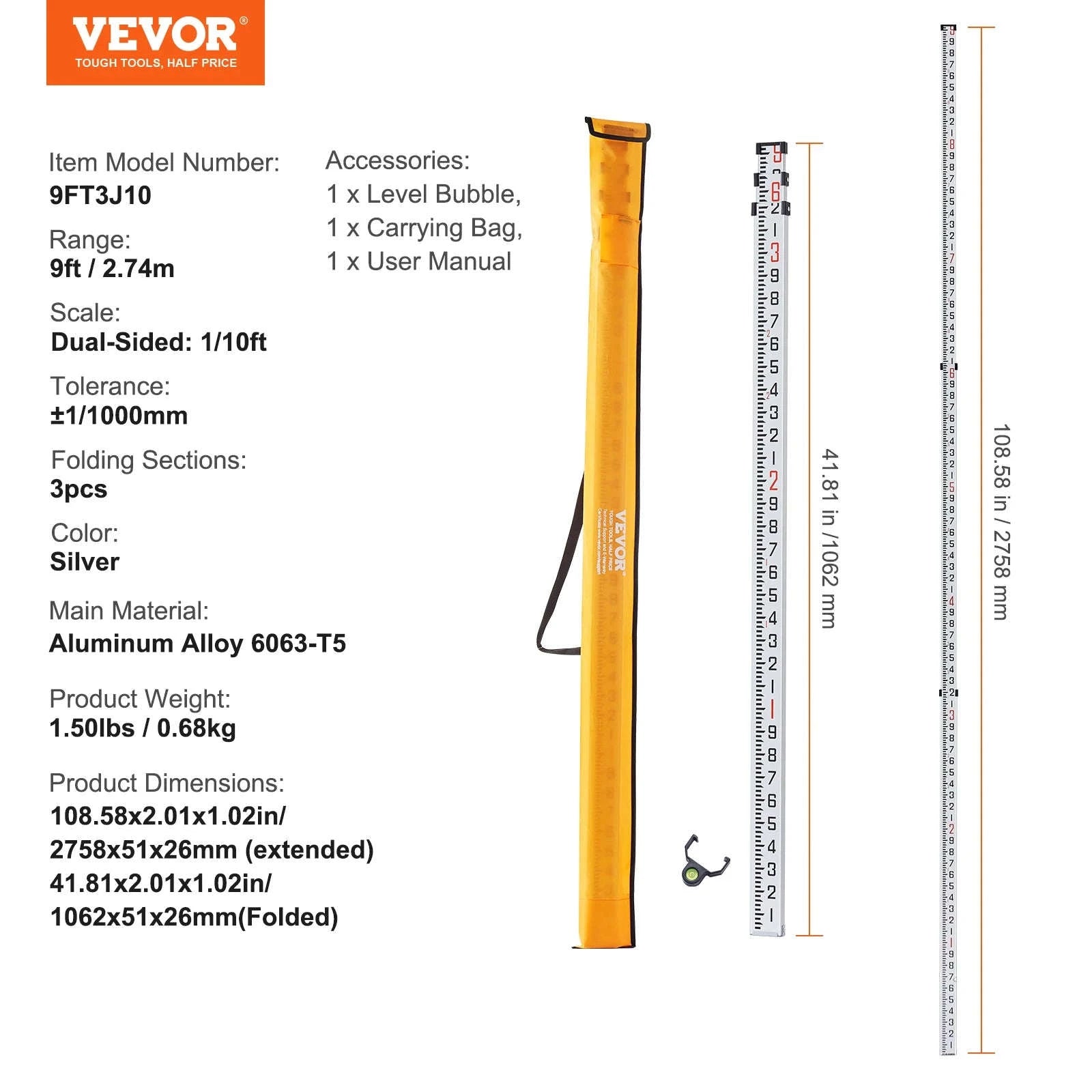 Aluminum Grade Rod Double-Sided Scale with Bubble Level and Carrying Bag-20ft 10ths / United States